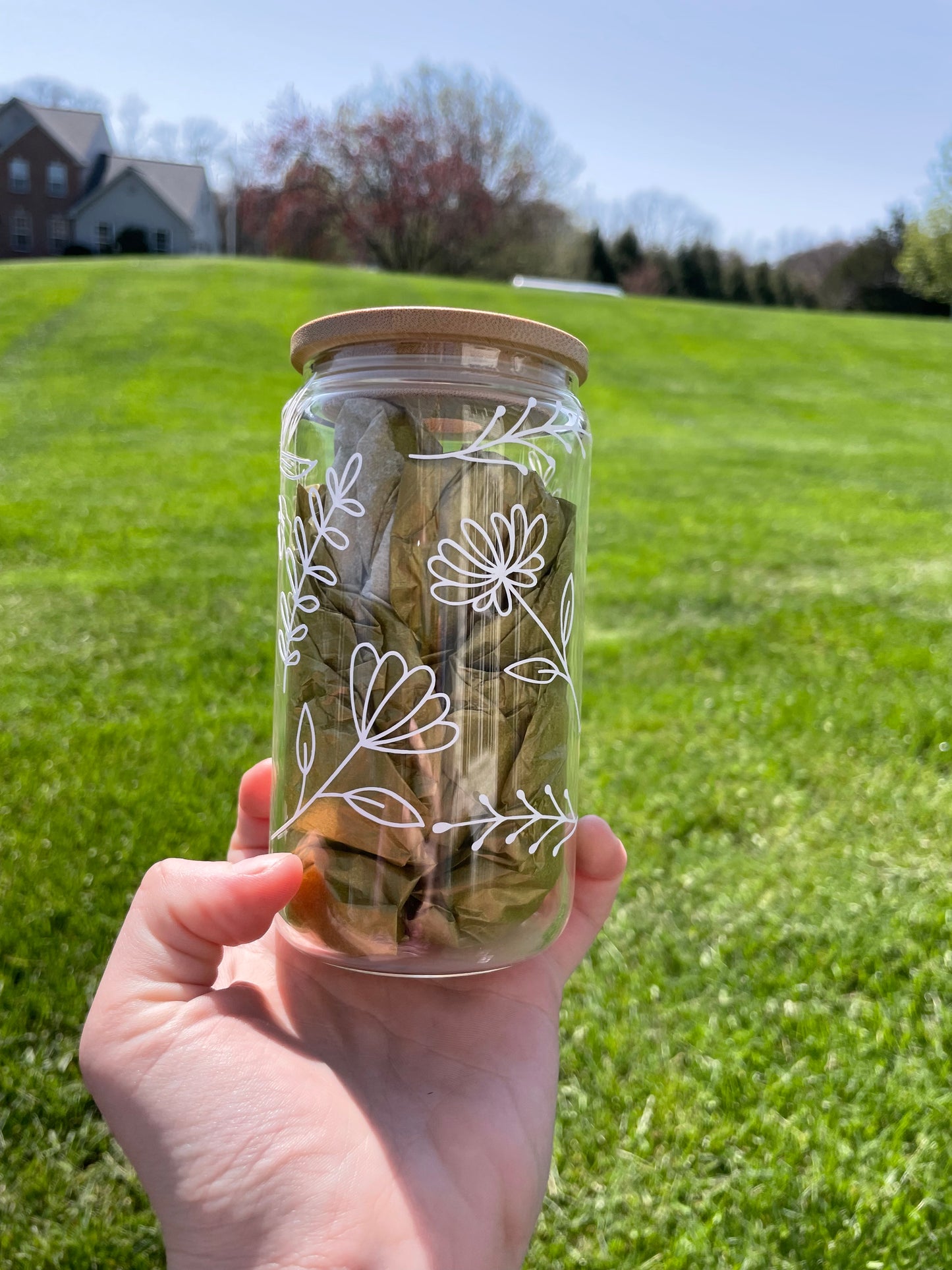 Field of Flowers, tumbler, 12oz, beer can glass, personalized, boho, gift,  cup, bamboo, lid, straw, glass cup